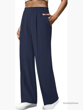 High Waist Wide Leg Slacks with Pockets Elastic Back Pull On Trousers